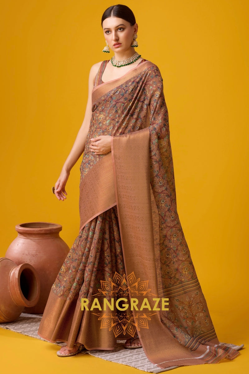 Metal Brown Cotton Digital Print Saree With Blouse Piece