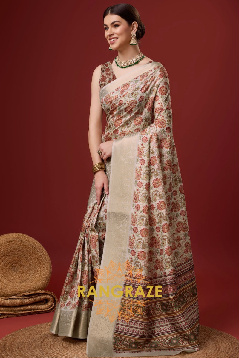 Beige Brown Cotton Digital Print Saree With Blouse Piece