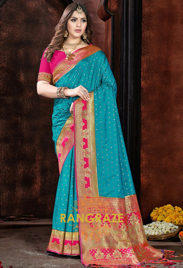 Turquoise Blue Woven Banarasi Silk Saree With Contrast Blouse