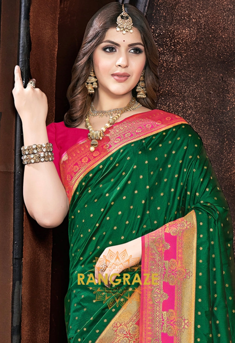 Forest Green Woven Banarasi Silk Saree With Contrast Blouse