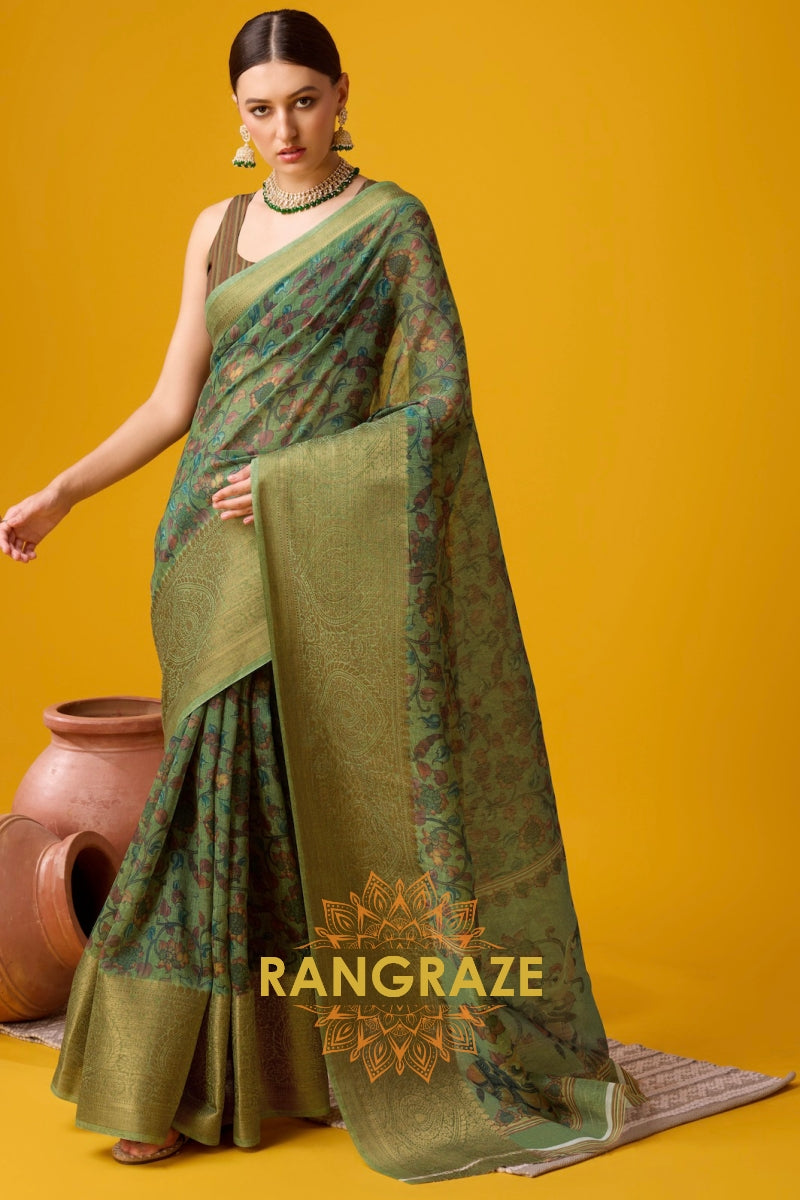 Forest Green Cotton Digital Print Saree With Blouse Piece