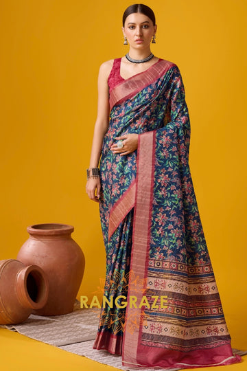 Navy Blue Cotton Digital Printed Saree With Blouse Piece