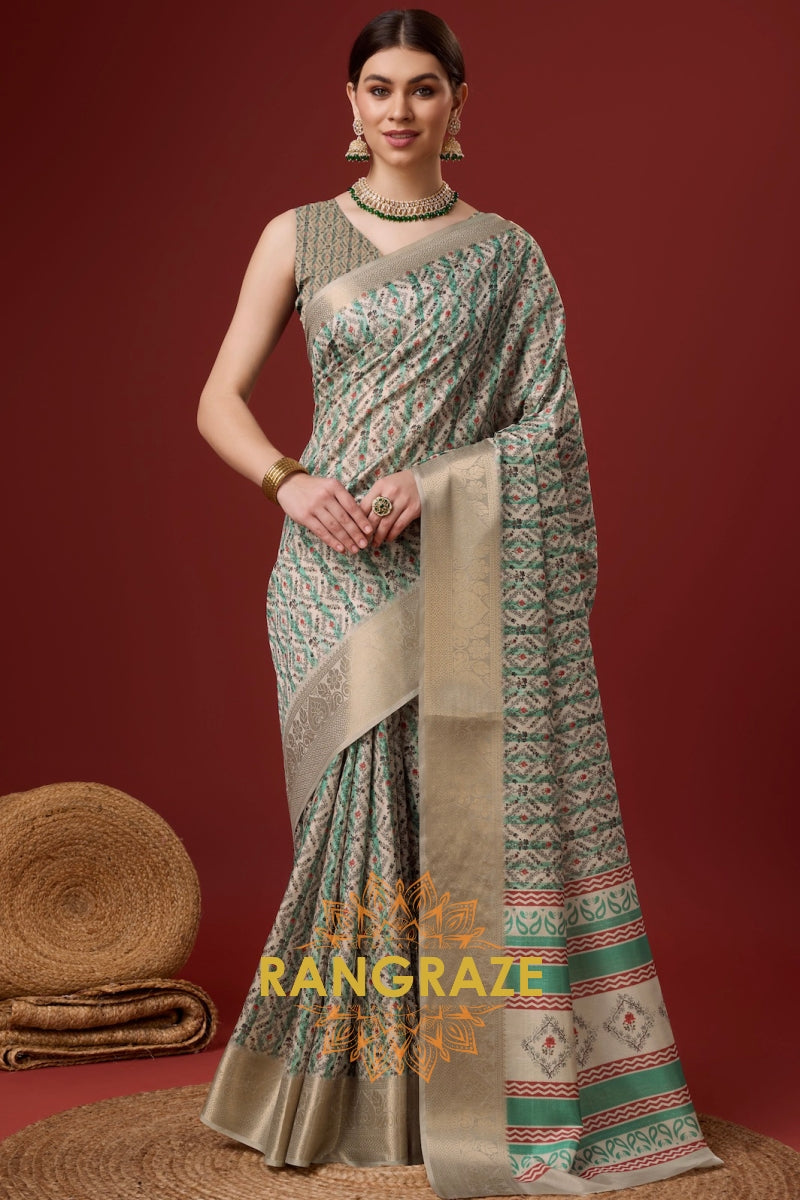 Golden Green Cotton Digital Print Saree With Blouse Piece