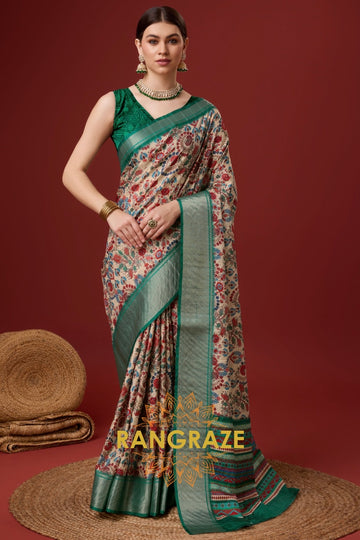 Pinkish Beige Cotton Digital Print Saree With Blouse Piece