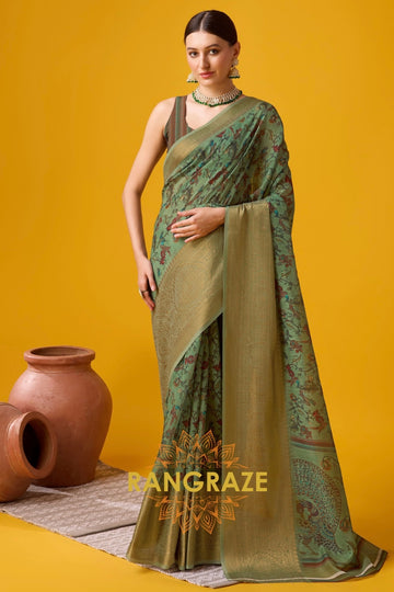 Green Cotton Digital Print Saree With Blouse Piece