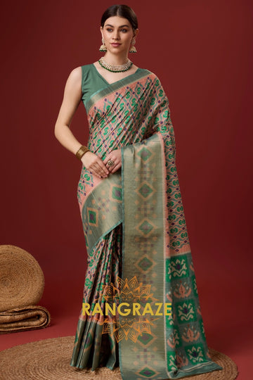 Turquoise Green Cotton Digital Print Saree With Blouse Piece