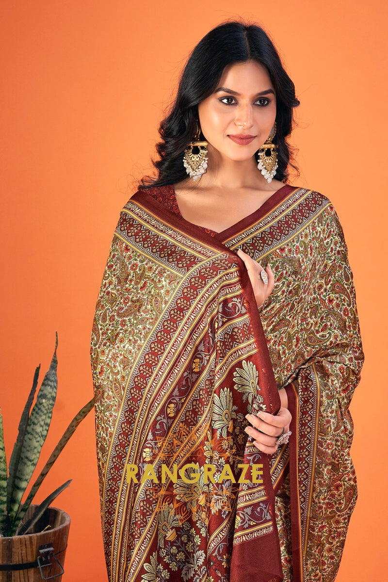 Royal Beige Multi Color Printed Pashmina Jamewar Saree