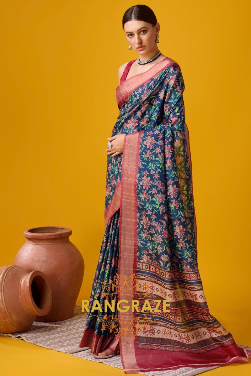 Navy Blue Cotton Digital Printed Saree With Blouse Piece