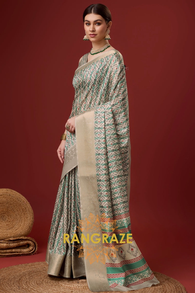 Golden Green Cotton Digital Print Saree With Blouse Piece