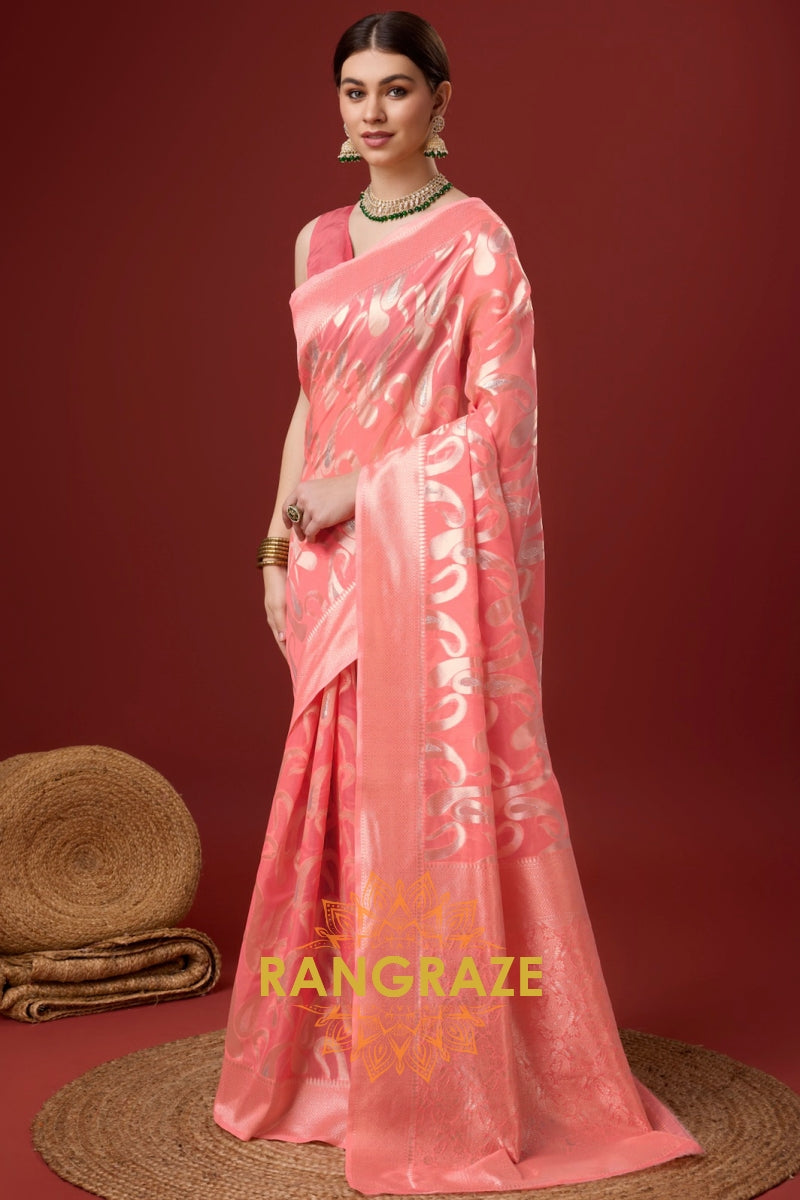 Royal Pink Blended Cotton Zari Woven Festive Wear Saree