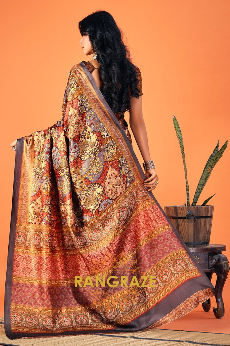 Royal Golden Multi Color Printed Pashmina Jamewar Saree