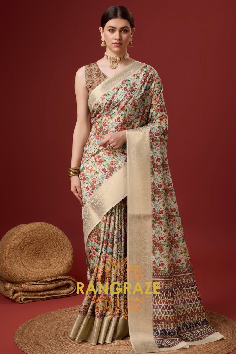 Golden Beige Cotton Digital Print Saree With Blouse Piece