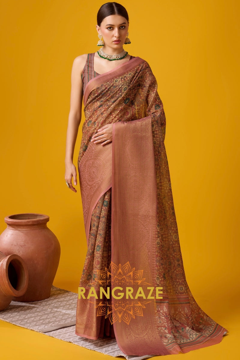 Majestic Brown Cotton Digital Print Saree With Blouse Piece