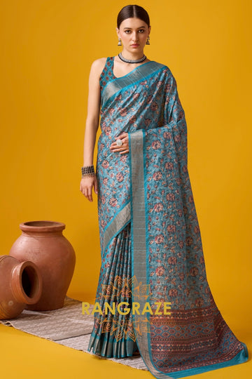 Turquoise Blue Cotton Digital Printed Saree With Blouse Piece