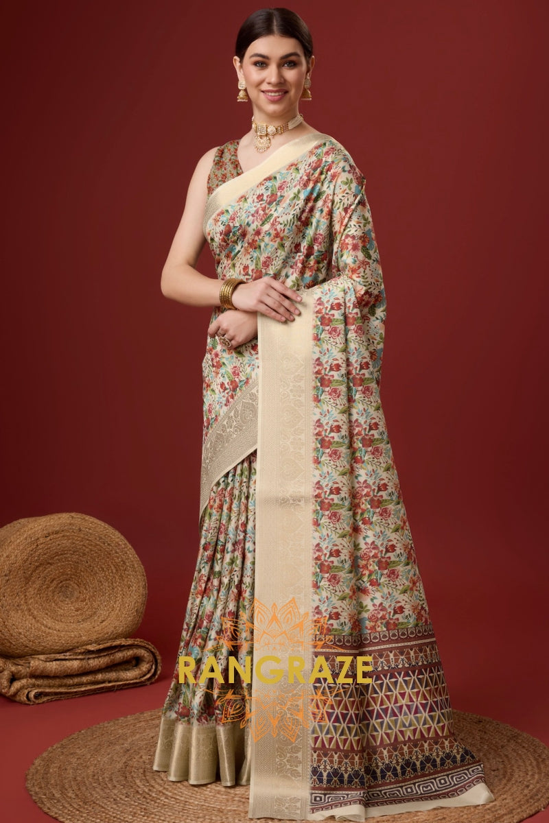 Golden Beige Cotton Digital Print Saree With Blouse Piece