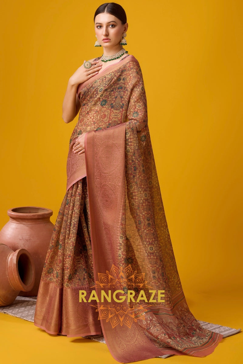 Majestic Brown Cotton Digital Print Saree With Blouse Piece