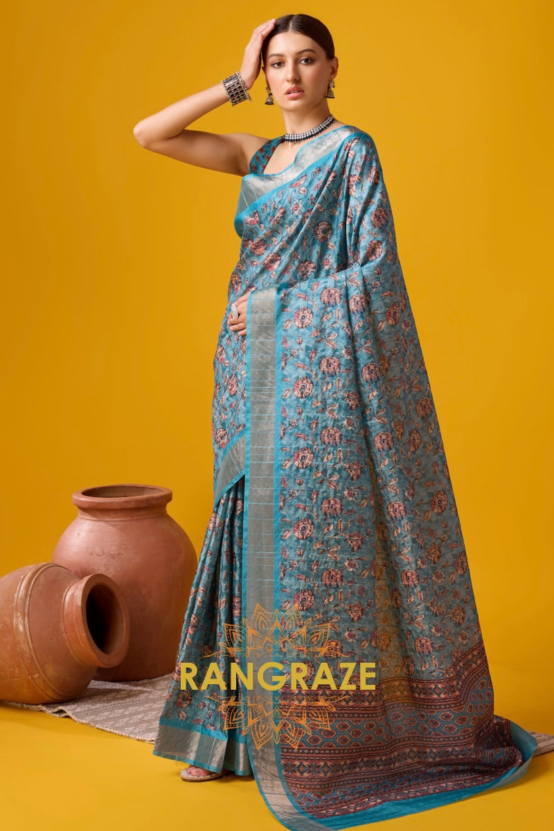 Turquoise Blue Cotton Digital Printed Saree With Blouse Piece