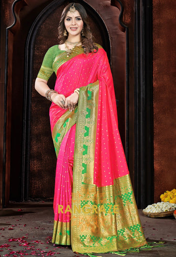 Rani Pink Woven Banarasi Silk Saree With Contrast Blouse