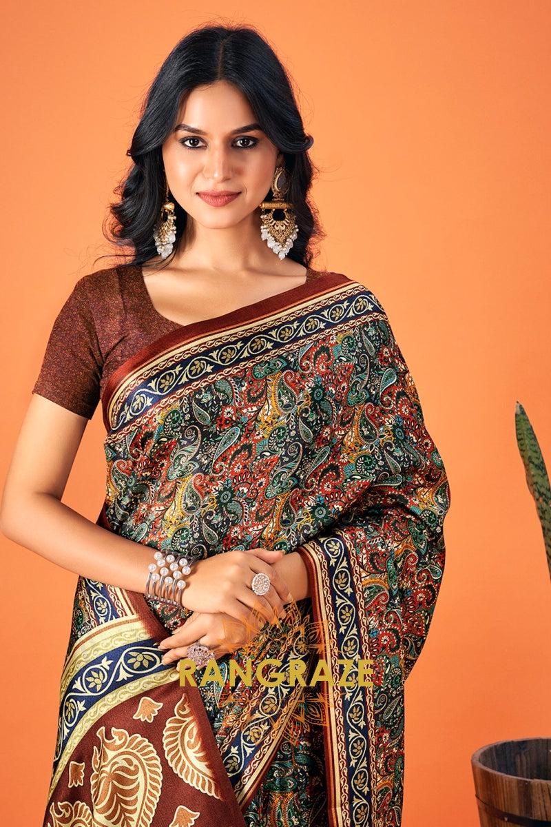 Royal Black Multi Color Printed Pashmina Jamewar Saree