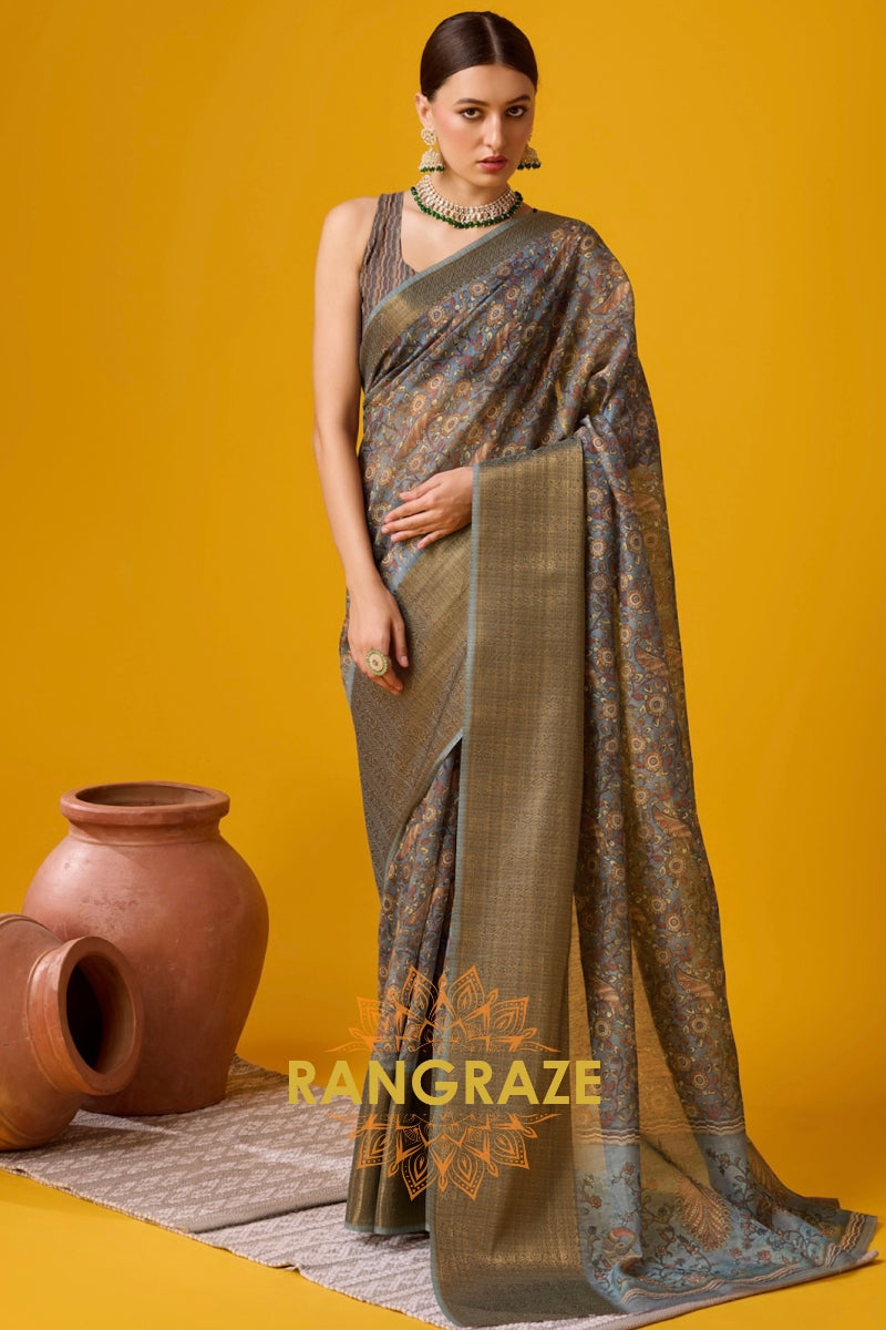 Greyish Green Cotton Digital Print Saree With Blouse Piece