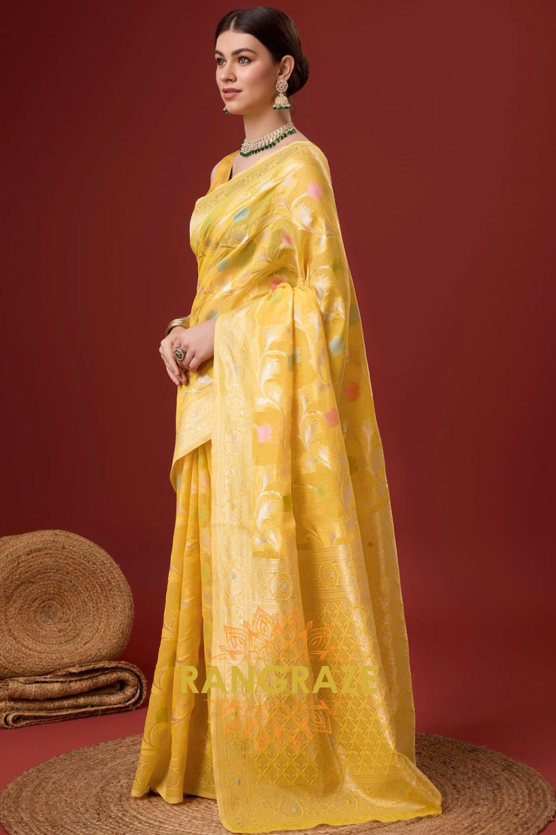 Imperial Yellow Blended Cotton Zari Woven Festive Wear Saree