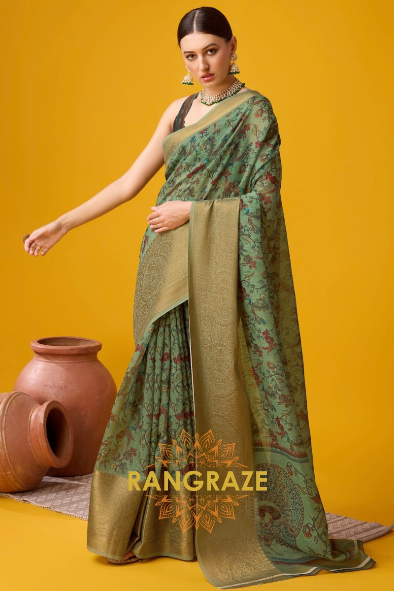 Green Cotton Digital Print Saree With Blouse Piece