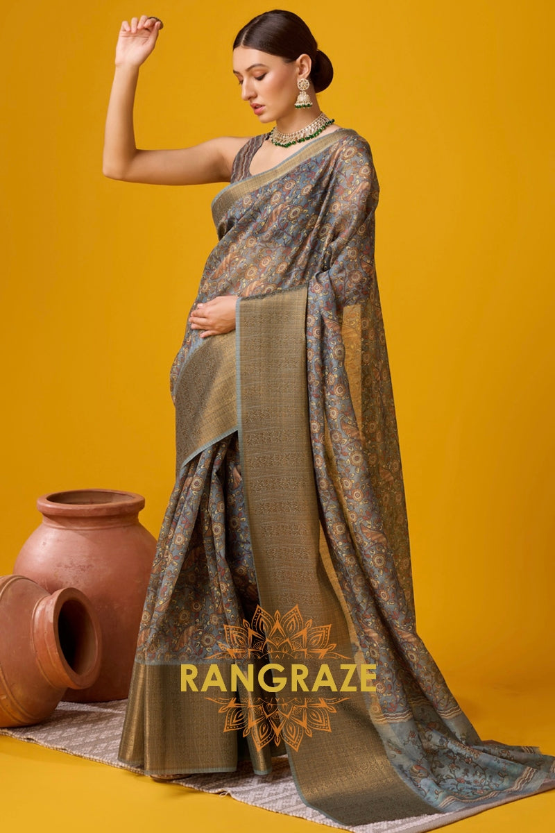 Greyish Green Cotton Digital Print Saree With Blouse Piece