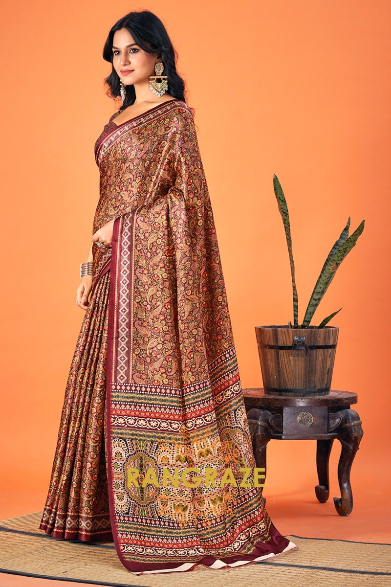 Royal Brown Multi Color Printed Pashmina Jamewar Saree