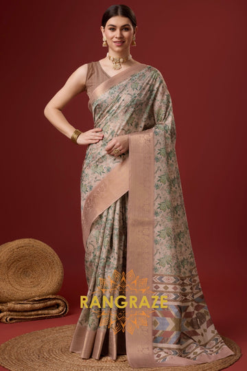 Brownish Green Cotton Digital Print Saree With Blouse Piece