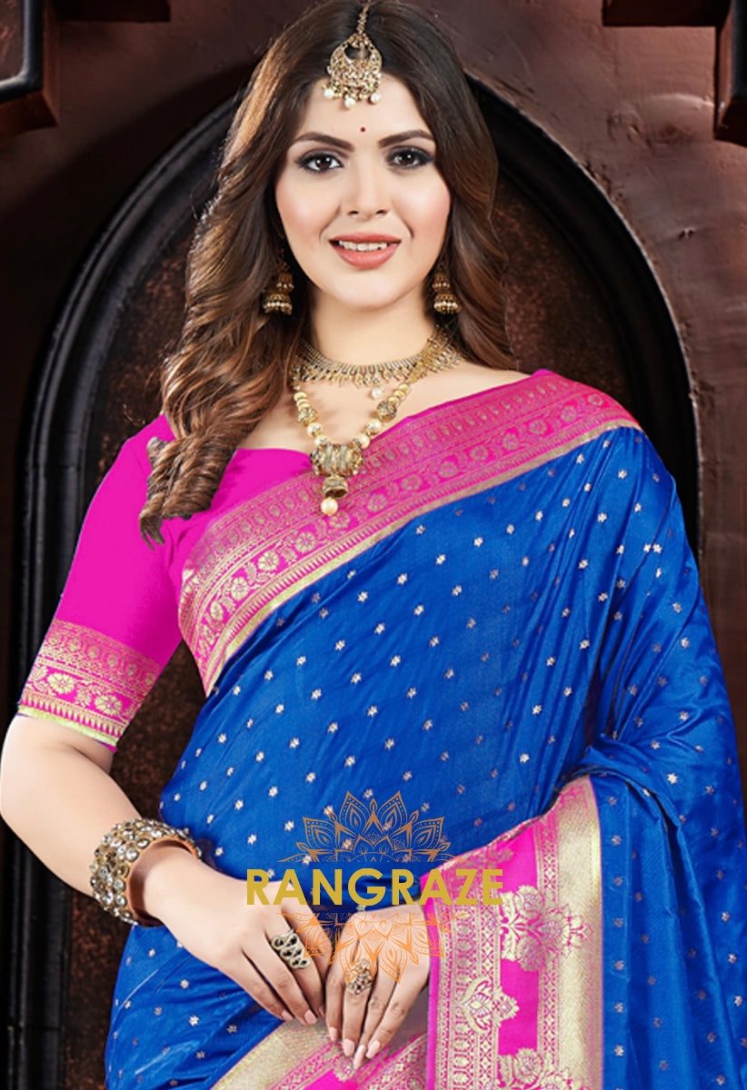 Lapis Blue Woven Banarasi Silk Saree With Contrast Blouse