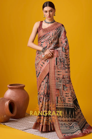 Peach Pink Cotton Digital Printed Saree With Blouse Piece