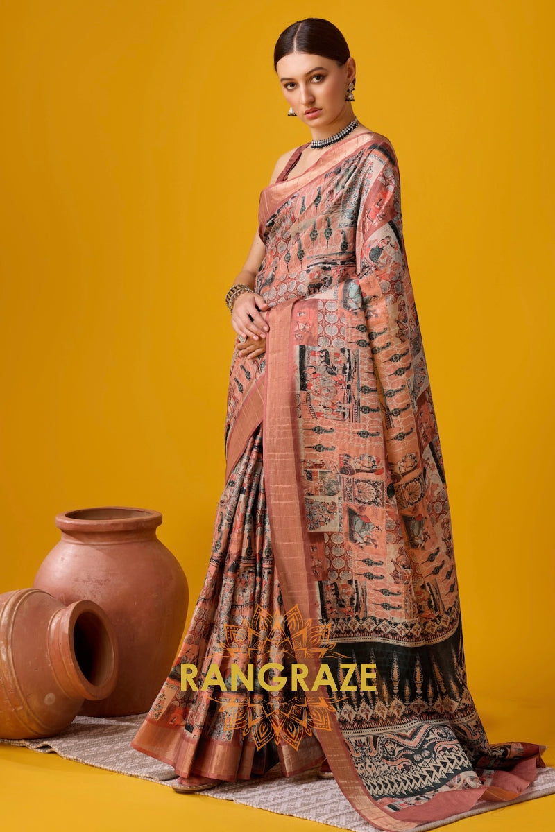 Peach Pink Cotton Digital Printed Saree With Blouse Piece