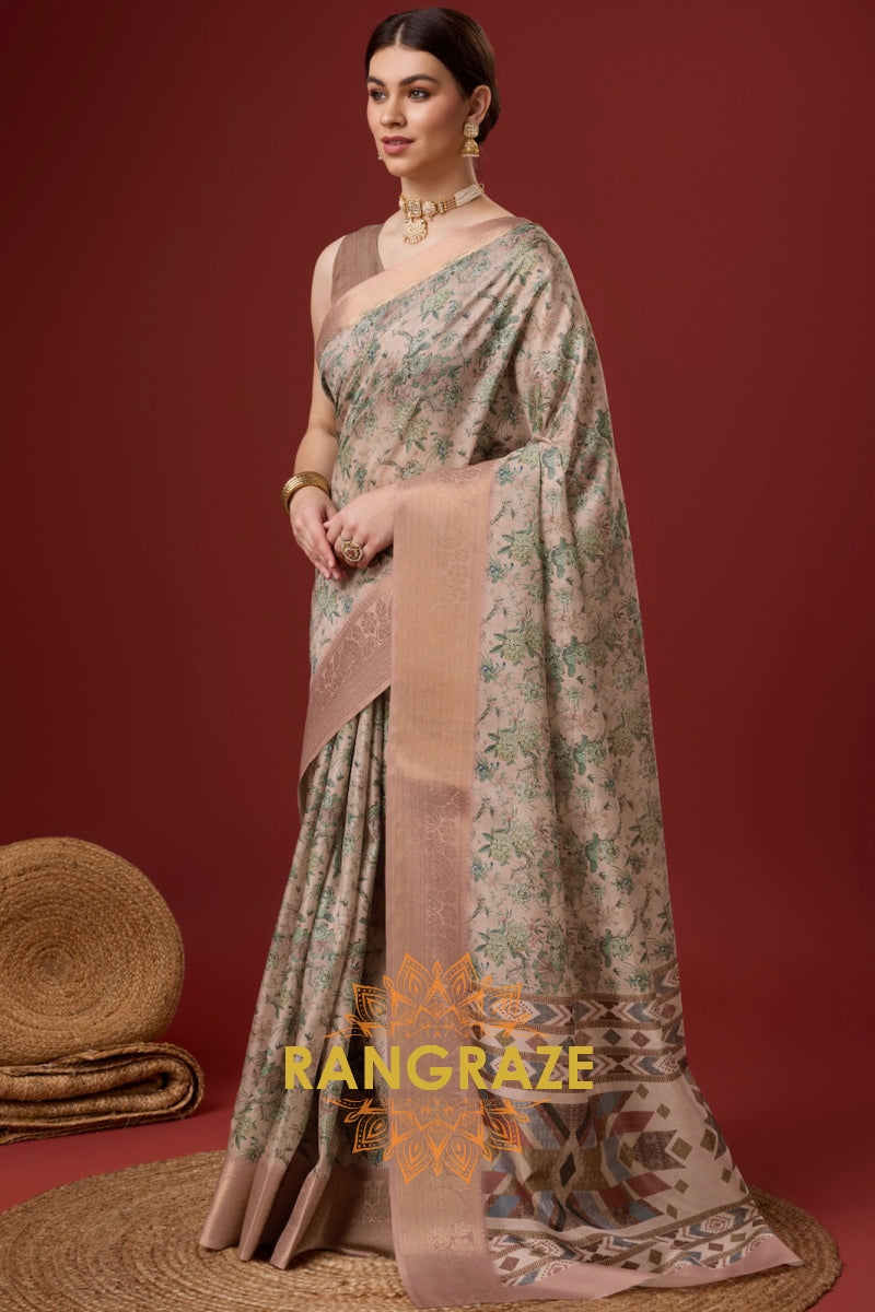 Brownish Green Cotton Digital Print Saree With Blouse Piece