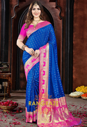 Lapis Blue Woven Banarasi Silk Saree With Contrast Blouse