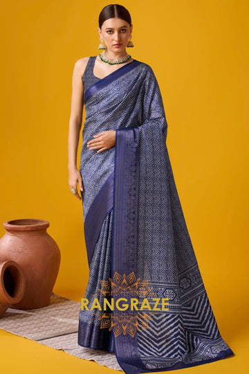 Indigo Blue Cotton Digital Print Saree With Blouse Piece