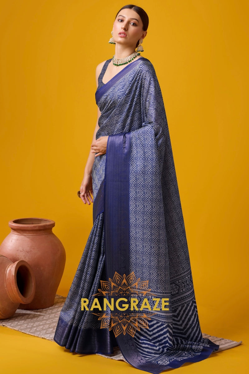 Indigo Blue Cotton Digital Print Saree With Blouse Piece