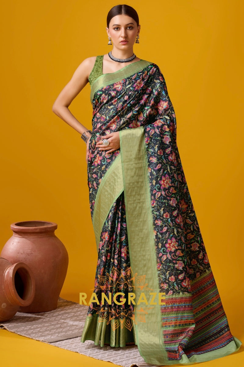 Floral Black Cotton Digital Printed Saree With Blouse Piece