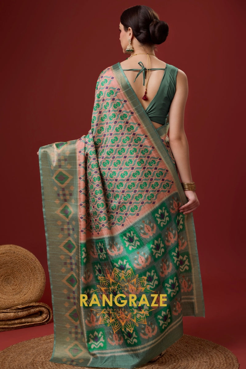 Turquoise Green Cotton Digital Print Saree With Blouse Piece