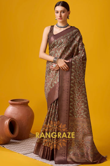 Chocolate Brown Cotton Digital Print Saree With Blouse Piece