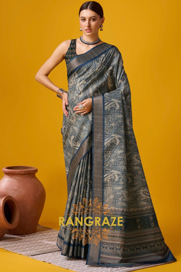 Spruce Blue Cotton Digital Printed Saree With Blouse Piece