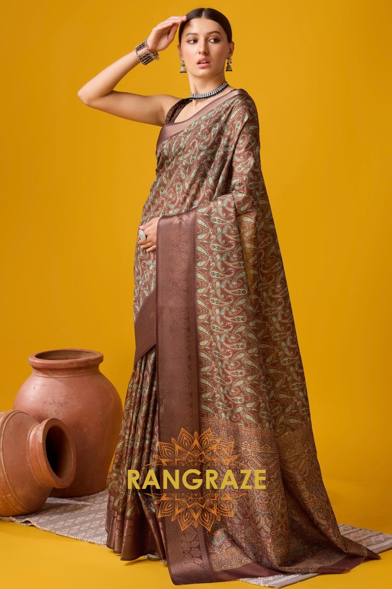 Chocolate Brown Cotton Digital Print Saree With Blouse Piece