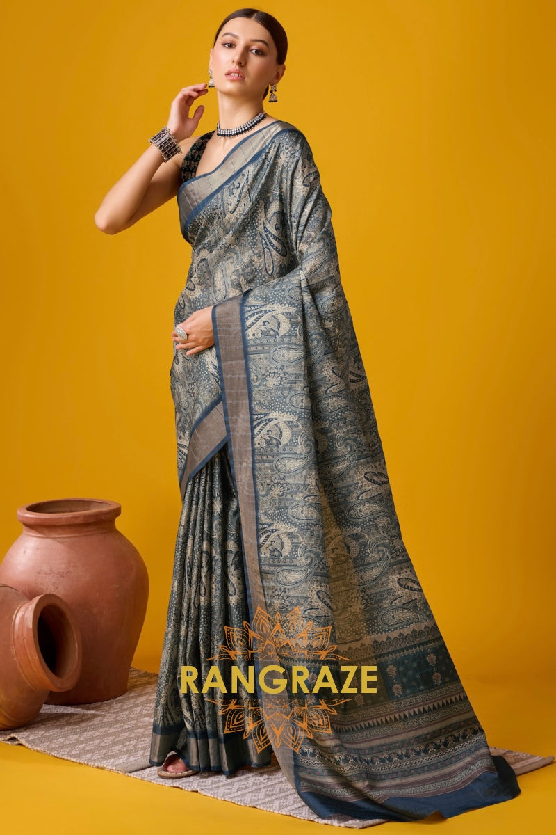 Spruce Blue Cotton Digital Printed Saree With Blouse Piece