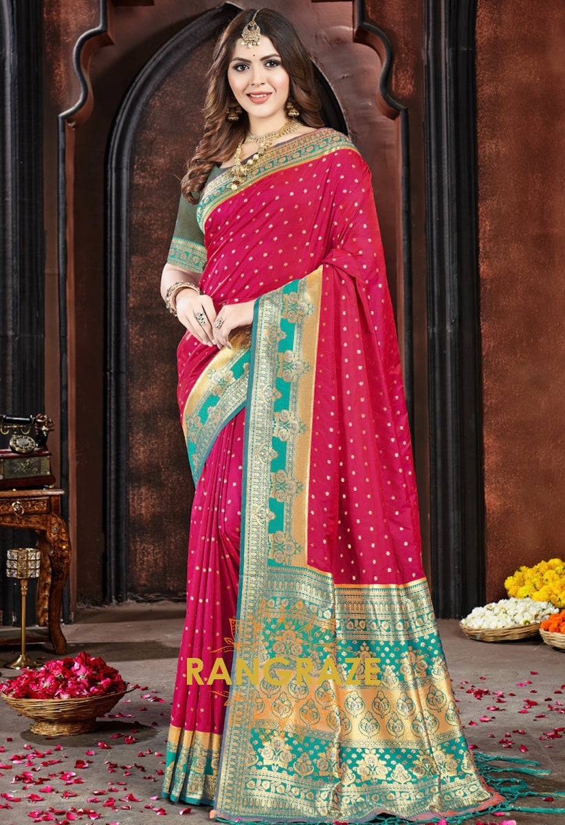 Magenta Pink Woven Banarasi Silk Saree With Contrast Blouse