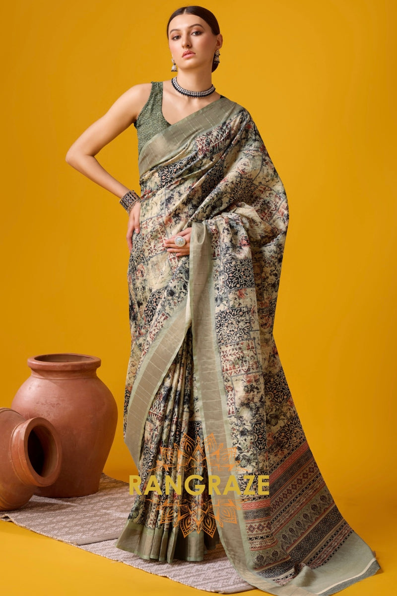 Floral Green Cotton Digital Print Saree With Blouse Piece