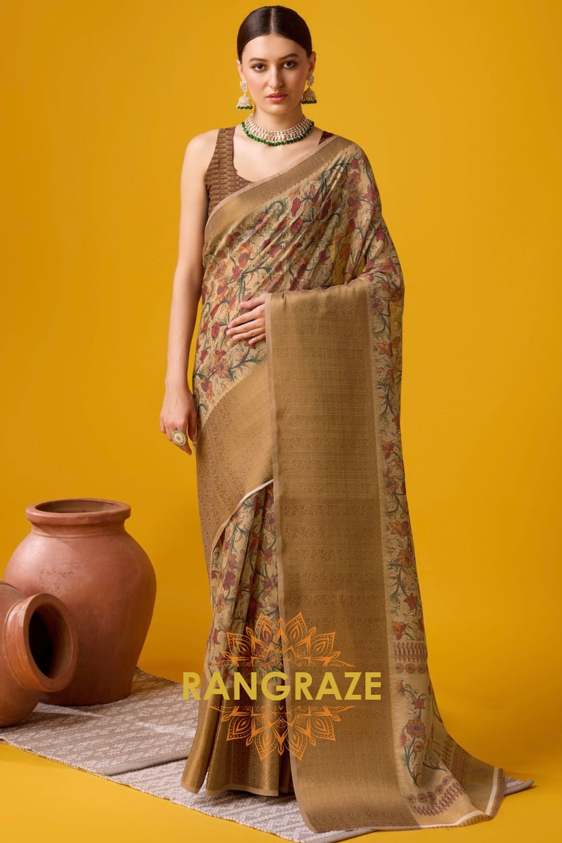 Brown Cotton Digital Print Saree With Blouse Piece