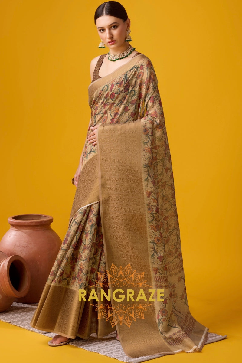 Brown Cotton Digital Print Saree With Blouse Piece