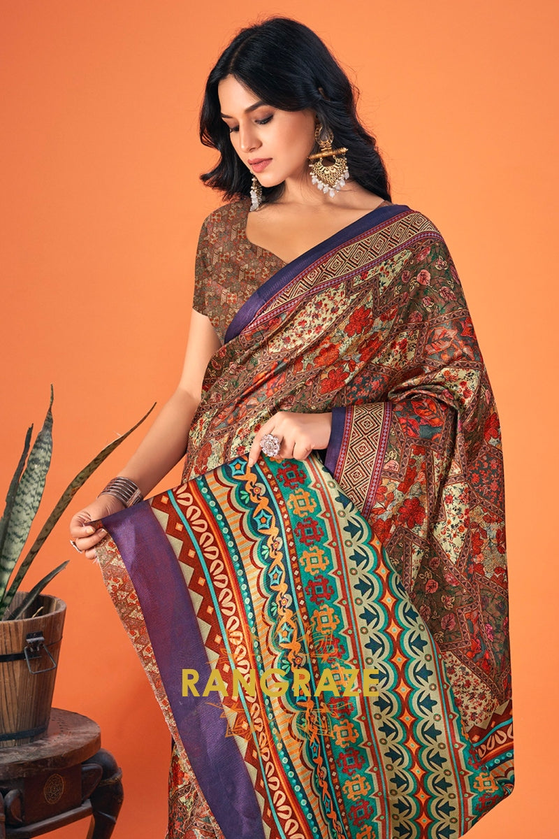 Brown Multi Shade Printed Pashmina Jamewar Saree