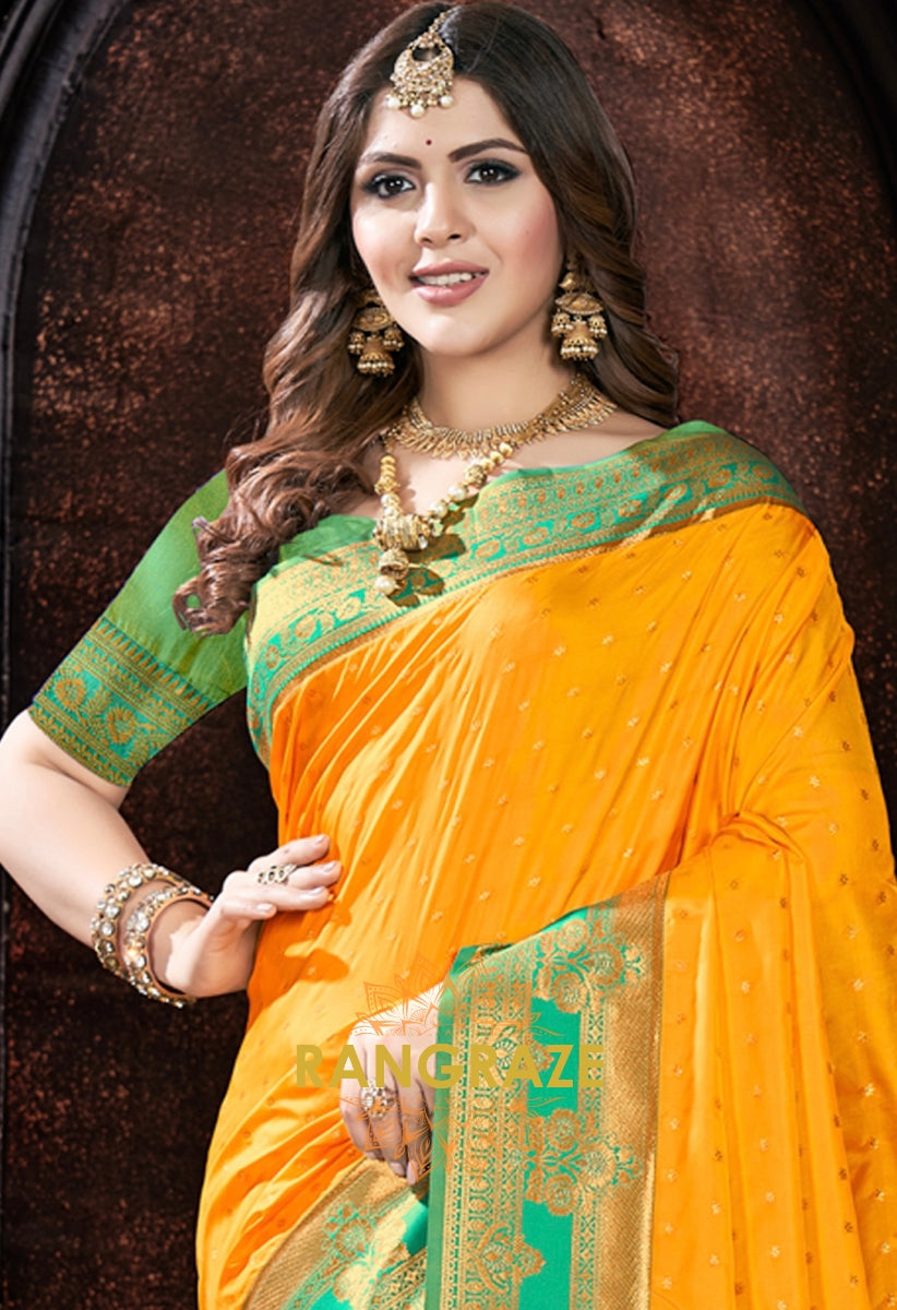 Dazzling Yellow Woven Banarasi Silk Saree With Contrast Blouse