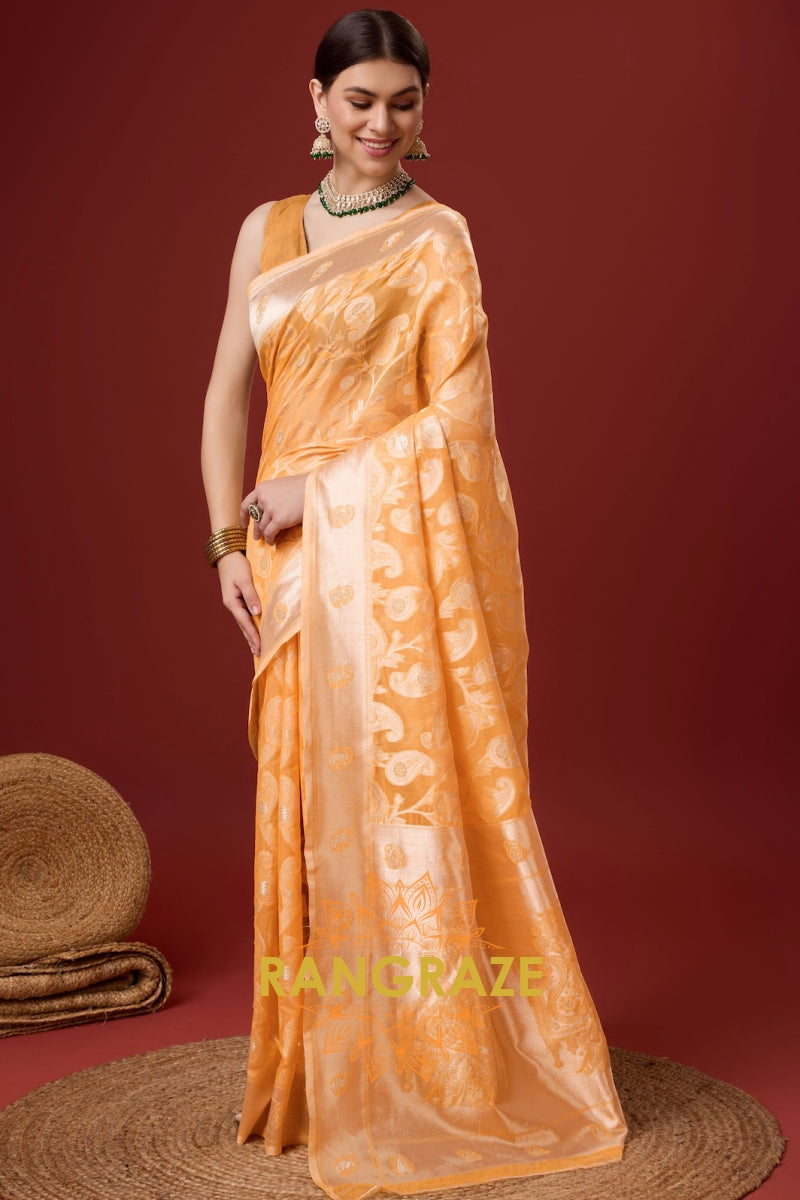 Imperial Orange Blended Cotton Zari Woven Festive Wear Saree