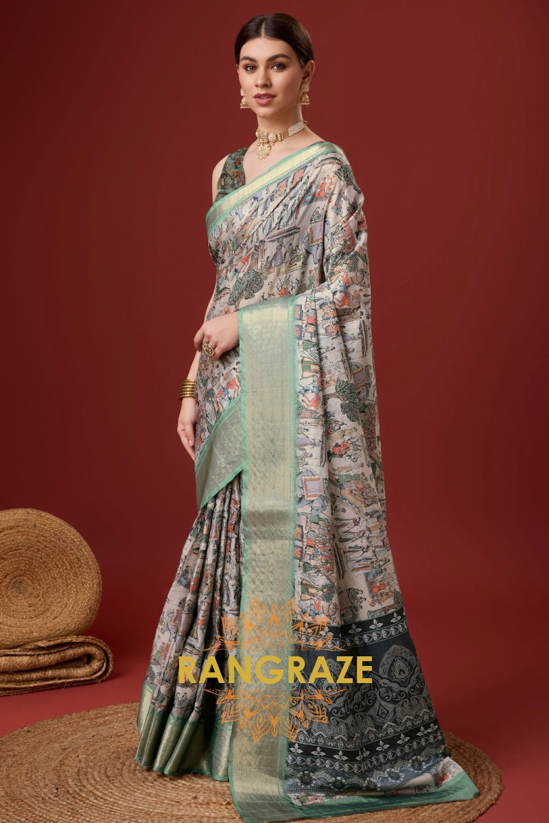 Multi Color Cotton Digital Printed Saree With Blouse Piece